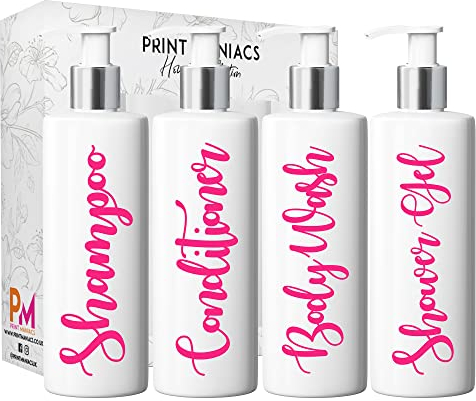 Print Maniacs White Mrs Hinch Inspired Personalised 500ml Pump Bottles Bathroom Lotion Kitchen Set Shampoo Conditioner (Shower Gel Set) (Pink)