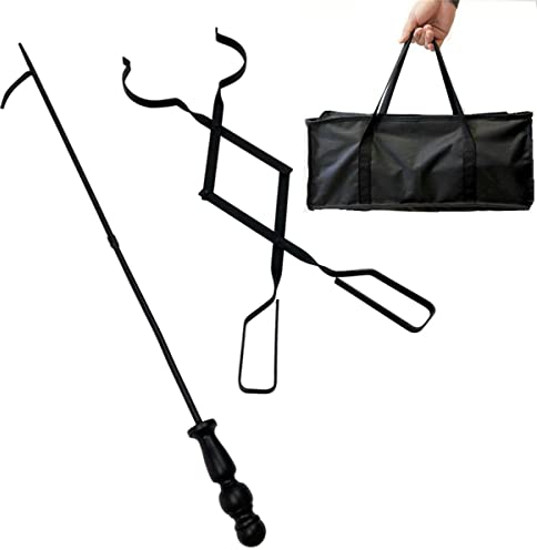 Robuste 81.3 cm lange Kamin-Feuerstelle, Lagerfeuer, Schürhaken, 63.3 cm Kamin, Holzofen, Brennholzzange, Zubehör, Werkzeuge, rostbeständig, schwarze Oberfläche für den Innen- und Außenbereich