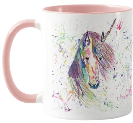 Vixar Unicorn Watercolour Rainbow Art Coloured Mug Cup, Gift, Birthday, Work, Office, Christmas Tea Coffee (Pink)