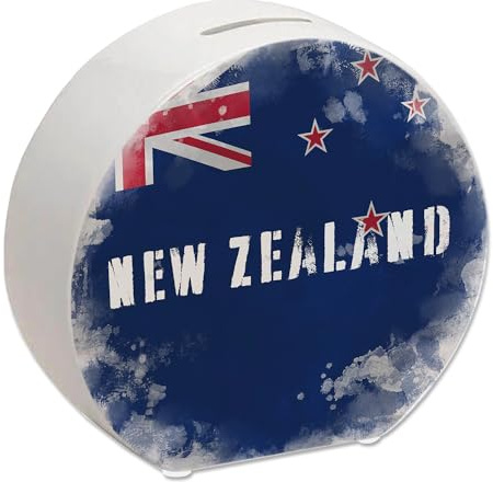 Spardose mit Neuseeland-Flagge im Used Look - Sparschwein für Urlauber eine schöne Sparbüchse mit der neuseeländischen Nationalflagge verziert um auf die Reise nach Neuseeland zu