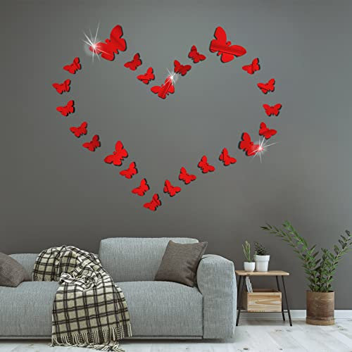 Adesivi Murali Farfalle 3D Specchio a Farfalla Adesivi Murali Tridimensionali Acrilico Rimovibile 25 Pezzi Fai dante Adesivi Murali Decorazione da Muro per Casa/Hotel/Salotto/Camera/Cucina(Rosso)