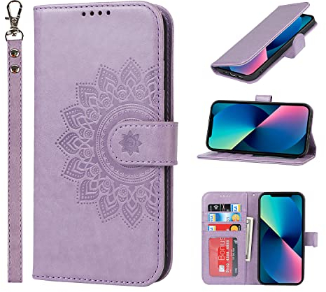 ELTEKER Handyhülle für iPhone 13 Mini, Hülle iPhone 13 Mini Klapphülle, [3 Kartenfächer] [Leder] [Magnet Verschluss] Eleganter Prägung schutzhülle Ledertasche Hülle für iPhone 13 Mini, Violett