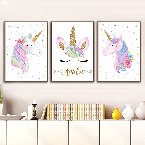 3 Posters Einhorn Bunt Personalisierbar Baby Name Bilder Kunstdrucke Mädchen Kinderzimmer Babyzimmer Dekoration Segeltuch 30 x 40 cm kein Rahmen