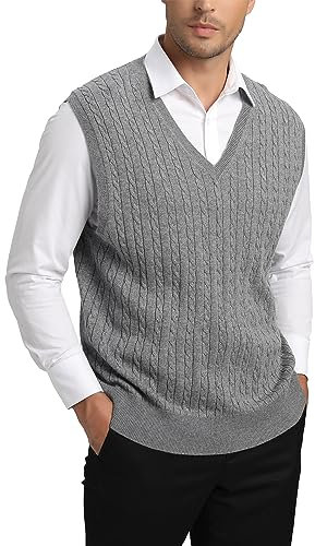 Kallspin Men's Wool Blend Gilets Sweater Relax fit Cable-Knit Vest Sleeveless Jumper(Light Grey, XL)