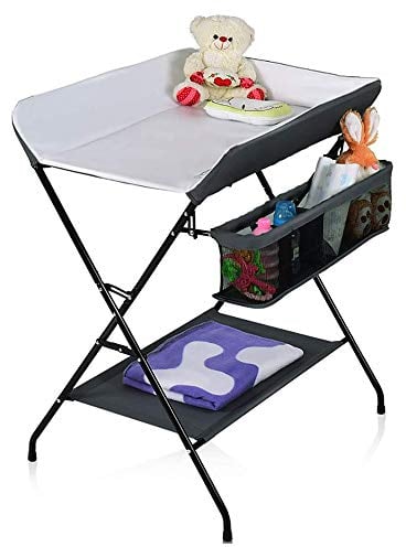 Wickeltisch klappbar, Wickelkommode mit Auflage, platzsparend & mobilSicherheitsgurt, 79 * 55.5 * 96cm, Farbwahl (B/Grau+weiß)