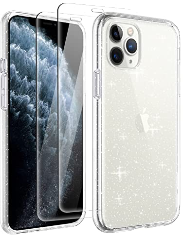 Tikgue Hülle für iPhone 11 Pro Max mit 2 Stück Schutzfolie,360 Grad Handyhülle Glitzer Transparent Silikon Stoßfeste Schutzhülle Slim Weich TPU Case Kompatibel mit iPhone 11 Pro Max