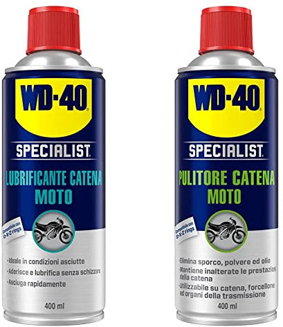 WD-40 Specialist Lubrificante Catena Moto Spray, 400 ml, ideale in condizioni asciutte, compatibile con O-X-Z rings & Specialist Moto Pulitore Catena Moto Spray, 400 ml