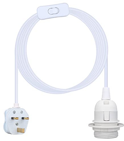 Teynewer Ceiling Pendant Light Fitting, E27 Screw Lamp Holder with Switch Suspended & Lock Ring for Shade, 2 Core Extension Cable UK Plug Pendant Light Fitting Kit (3m, White)
