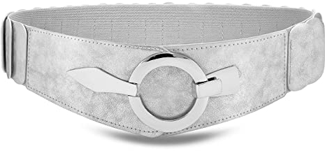 WHIPPY Breit Elastischer Taillengürtel Damen Hüftgürtel Vintage Stretchgürtel mit silberner Ring-Schließe,Silber,110cm