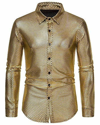 MakingDa Herrenhemd, Rautenmuster, Bronzing-Druck, langärmelig, Button-Down-Shirt, 70er-Jahre, Disco-Party, Kostüm, gold, L