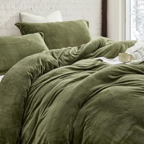 Sedefen Flanelle Housse de Couette 220x240cm + 2 Taies d'oreiller 65x65cm Vert Olive Parure de lit 2 Personnes Peluche Hiver Chaude Duveteuse Ado Linge de lit Avez Fermeture Éclair