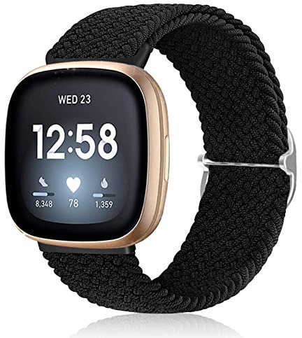 kitway-my 3 Stück Glitzer Armband Kompatibel mit Fitbit Versa 3 Uhrenarmband Armbands/Fitbit Sense Damen Herren, Rosa Elastisch Nylonbänder Geflochten Ersatzband für Versa 3 (Schwarz)