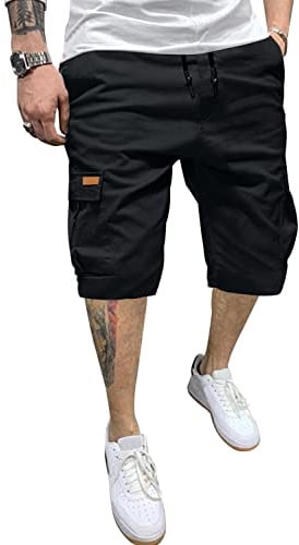 JMIERR Mens Casual Twill Cargo Shorts Cotton Drawstring Classic Cargo Chino Stretch Short with 6 Pockets for Men, US36(L), A Black