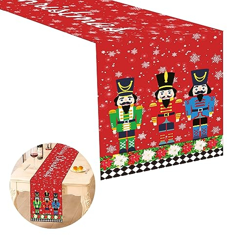 Gukasxi Weihnachten Tischläufer Tischdecke Weihnachten Rot Weihnachtstischläufer Weihnachtstischdecke Schneeflocke Nussknacker Tischläufer für Weihnachten Party Urlaub Tischdeko, 180 x 33cm