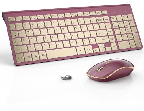 JOYACCESS Clavier et souris sans fil, 2,4 g, fins et ergonomiques, design portable pour ordinateur portable/fenêtre/ordinateur - rouge vin doré