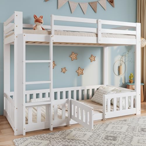 Dolamaní Etagenbett 90x200 cm mit Leiter, Hochbett mit Zäune und Türchen, Kinderbett mit Fallschutz und Gitter, Massivholz, Weiß