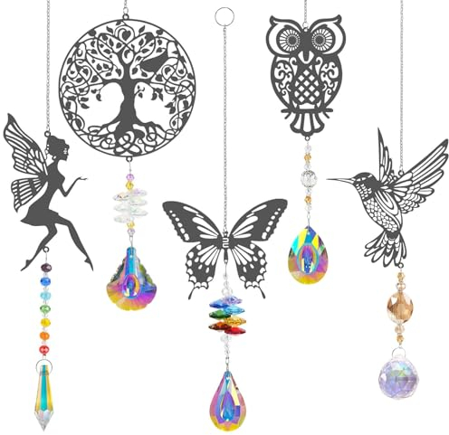 OFFCUP Fensterdeko Hängend, 5pcs Baum Eulen Kolibri Schmetterling Fee Anhänger, Sonnenfänger Kristall Hanging Windspiel Regenbogen Sonnen Mond Anhänger Ornament Kristallkugeln