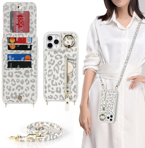Zouzt for iPhone 11 Pro Max Case with Cord and Card Holde, Zipper Wallet Case with Crossbody Lanyard Ring Adjustable Necklace Protective Cover Women for iPhone 11 Pro Max 6.5 Inch - White Leopard