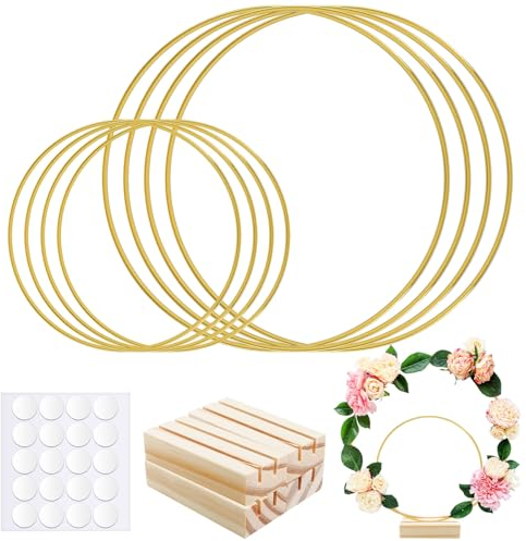 CoKeeSun 8 Stück Metallringe zum Basteln Set, 30cm+20cm Gold Metallring mit fuß, Metall Dekoring mit 4 Stück Holz Kartenhalter für Hochzeitskranzdekor Tischdekoration Wandbehang Blumen-Makramee