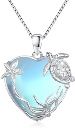 OHAYOO Mondstein Kette Mit Herz Damen 925 Sterling Silber Turtle Halskette Tier Mondstein Schmuck Herz Geschenk für Unisex Frauen Mädchen Damen Mama Teenager