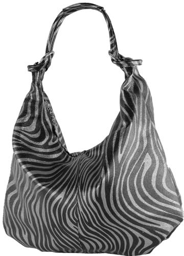 modamoda de 337 Damen Leder Schultertasche Shopper Large handmade in Italy, Farbe:Zebra/Schwarz_Silbergrau/Metallic