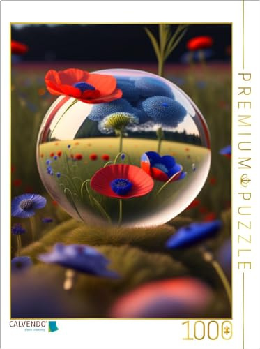 CALVENDO Puzzle EIN Kornfeld mit Mohn- und Kornblumen spiegelt Sich in Einer Kugel. Erstellt mit KI | 1000 Teile Lege-Größe 64 x 48 cm Foto-Puzzle für glückliche Stunden