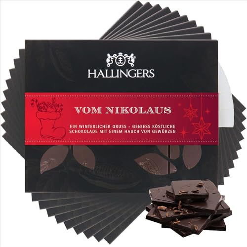 Hallingers Genuss Manufaktur Vegane Schokolade Weihnachts-Geschenk - Tafel handgeschöpfter Edelkakao ohne Alkohol edler Karton 10x Vom Nikolaus Xms-Gewürz, Weihnachten für Frauen Männer