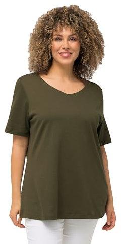 Ulla Popken Damen große Größen Übergrößen Plus Size Shirt, doppellagige Vorderseite, Slim, Rundhals, Halbarm waldgrün 58+ 810528201-58+