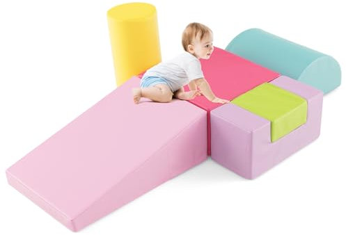 COSTWAY 6 Pieces Kids Climb and Crawl Foam Play Set, Colorful Children's Educational Software Activity Toys, Baby’s Soft Climbing Blocks for Toddlers, Preschoolers (Coral)