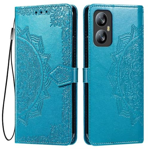 HONLEN Cover for Smartphone, Compatible with Blackview A52 Pro (6.5 Inches) Premium PU Leather Wallet Flip Magnetic Closure Case, Mandala Embossed Design with 3 Card Slot, Stand Case Blue