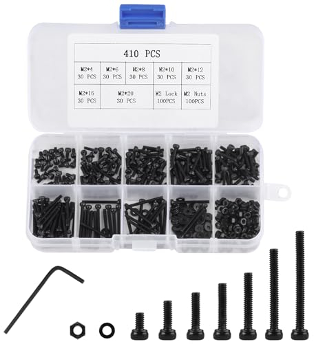 411 Pcs M2 Bolts and Nuts Set, Assorted Black Hex Socket Head Cap Screws, Flat & Lock Washers Assortment Kit, Machine for Computer Laptop with Wrench.