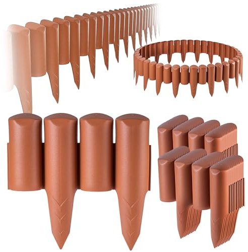 KADAX Gartenpalisade aus Kunststoff, Palisade für Blumen, Decorative Rasenkante, Beeteinfassung mit Bodenspieß, Holzpfahl-Type Beetumrandung (Terracotta - 5m)