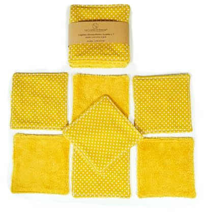Lingettes démaquillantes lavables bambou, cotons réutilisables, pads, fait main, lot de 7 (Jaune curcuma à motifs)