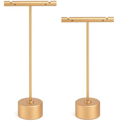 Jim Display Metal Earring Holder Round Base Earring Organizer Stand T Bar Necklace Bracelet Ring Ear Studs Display Rack for Jewelry Photography Prop and Showcase, Gold 2pcs Height 5.31 and 4.52
