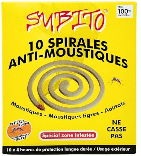 Spirales Anti-Moustiques Subito avec Support Métallique - Efficaces contre les Moustiques Tigres/Spirales Incassables à la Citronnelle -Boîte de 10 Spirales pour Extérieur/Anti-moustique