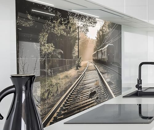 timalo Herd Spritzschutz Wand Spüle, Küche Küchenrückwand Glasoptik | Acryl Glas 2mm | Glasrückwand Acrylglas Küchenpaneele Rückwandschutz Platte | 160x50cm Retro Landschaft Eisenbahn