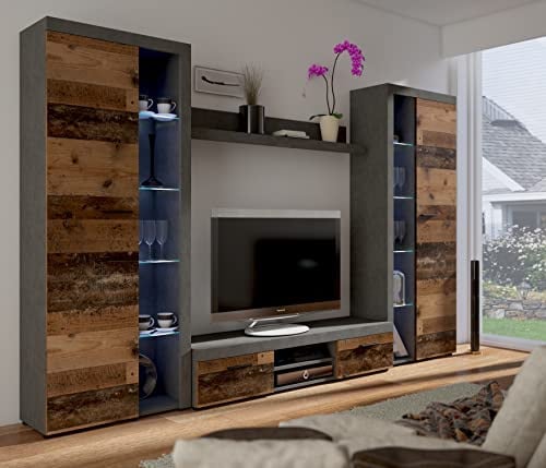 MÖBEL IWMAR Wohnzimmermöbel-Set Rumba XL, 300x190x40,5, Wohnzimmermöbel, 2 hohe Wohnzimmerschränke, Wohnzimmerschrank mit RTVTischmöbelset, Hängeregal, Beste Wohnzimmermöbel. Große und geräumige.