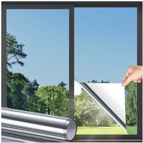 DOWELL Window Privacy Film, One Way Window Tint for Home, Static Cling Anti UV Sun Blocking Reflective Mirror Film, Heat Control See Out Not in Glass Tinting, Silver, 17.5 x 78.7