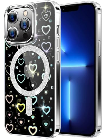 DEVASO Magnetisch Hülle für iPhone 13 Pro Kompatibel mit MagSafe, Farbverlauf Glitzer Herz Muster Transparent Handyhülle, Durchsichtige Flash Hologramm Kratzfest Schutzhülle für Mädchen Frauen