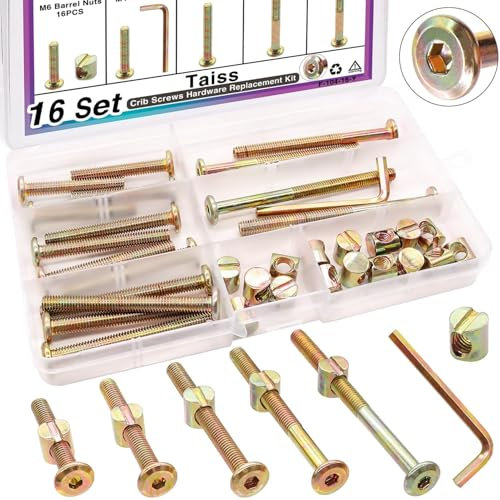 Taiss M6x40mm / 50mm / 60mm / 70mm / 80mm Kit de lit de bébé 16 pièces Kit de remplacement de matériel de vis de lit de bébé, vis hexagonale interne et écrou de tête ronde/clé hexagonale