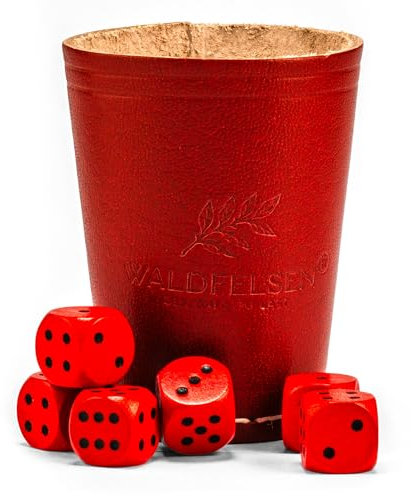 WALDFELSEN® Echtleder Würfelbecher (9 cm) mit 6 Holzwürfeln (16 mm) aus Buchenholz Lederbecher Würfelset Augenwürfel Spielwürfel (Farbe: Rot)