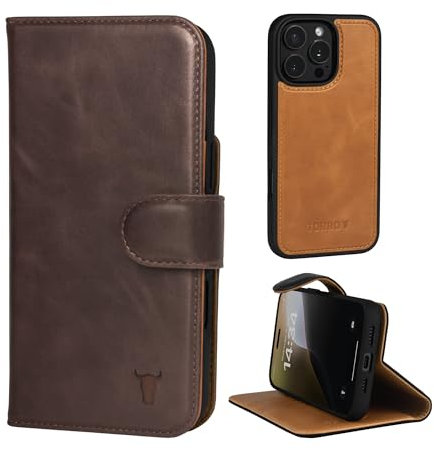 TORRO Leather Case Compatible with iPhone 16 Pro – Leather Bumper Case with Magnetically Detachable Wallet Cover with Kickstand and Card Slots (Compatible with Official MagSafe Chargers) - Dark Brown