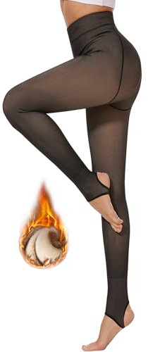 QooNoo Thermo Strumpfhose Damen Gefütterte Strumpfhose Pantyhose,Fleece Thermostrumpfhose Strumpfhosen Damen Winter Gefälschte Durchscheinend Leggings(300g Steigbügel-Falke Transparente Schwarz,2XL)