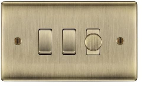 BG Antique Brass 3 Gang Switch 1x Trailing Edge LED Dimmer 2x 2 Way Custom Grid Switch