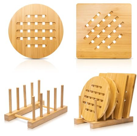 Bamboo Trivet Kitchen Bamboo Hot Pads Mat Set for Hot Dishes/Bowl/Teapot/Hot Pot Holders (Large 20 cm 5pack)