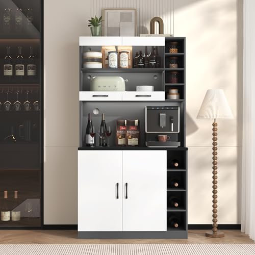 Moimhear 100x47x187cm, Küchenschrank, Küchenhochschrank, Buffet mit LED-Ambiente-Beleuchtung und Kabellöchern, höhenverstellbare seitliche Ablagefächer (grau+weiß)