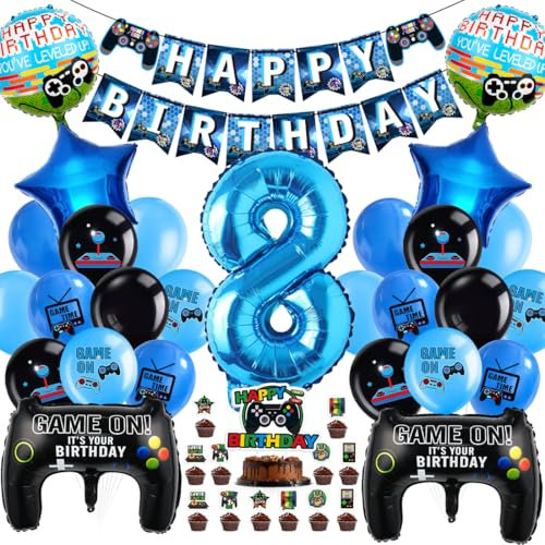 Cadimus Videospiel Geburtstag Deko,Gaming Luftballons 8,Ballons Deko 8 Jahre Junge,Geburtstag 8. Spielthemen Party,XXL Gaming Controller Folienballons,Luftballons Spiel Blau Schwarz