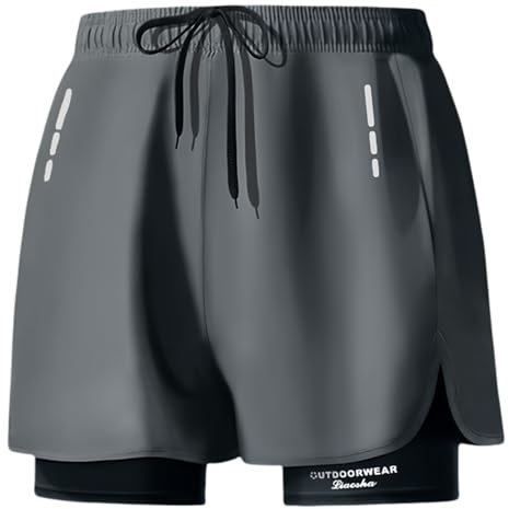 Smatstyle Maillot de Bain Homme Short de Bain Sport Séchage Rapide 2 en 1 Compression Short de Surf Short de Plage (FR/ES, Alpha/Lettres, Moyen, Taille Normale, Taille Normale, Standard, Gris)