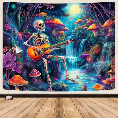 Fantasie-Totenkopf-Wandteppich, Trippy-Wald, Pilz, Wasserfall, lustig, Skelett, Gitarre, Blume, Musik-Thema, Neon-Wandteppich, ästhetische Schlafzimmer-Dekoration, dunkler Gothic-Wandteppich für