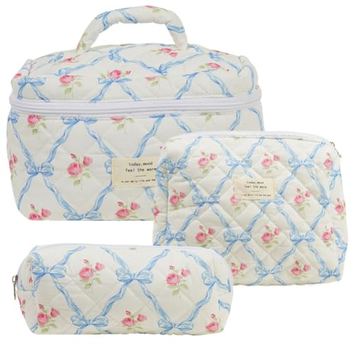 CHANGYUE 3PCS Make -up -Tasche Set Kosmetischer Organizer Beutel große Kapazität Gesteppte Coquette Toilettenbeutel Ästhetische Baumwolle for Reiseurlaub